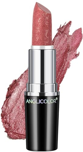Anglicolor Glitzer Lippenstift Rosenholz Metallic Glänzend Glossy, Shimmer Lipstick Seidig Velvet Langanhaltend Feuchtigkeitsspendende, Vegan Lipgloss Damen Mädchen Make-up (01 COSMOPOLIS,4g)