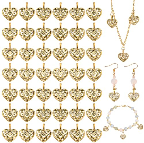 PH PandaHall 100pcs Hollow Heart Charms, Alloy Love Heart Charm Pendant Lucky Charms for DIY Necklace Bracelet Earring Craft Valentine, Mother's Day, Thanksgiving Jewellery Making