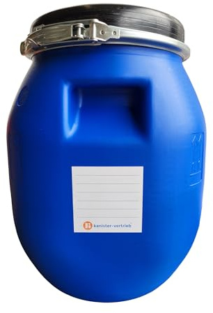 kanister-vertrieb® 30 Liter Weithalsfass, Deckelfass, Spannringfass, Farbe blau + Etikett