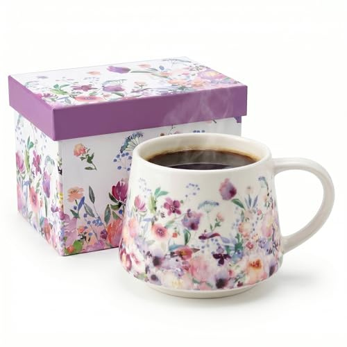 Topadorn Ceramic Coffee Mug 13oz / 370ml, Watercolour Purple & Pink Wildflower Floral Print with Matching Gift Box, Suitable for Home, Office or Birthday Gift | Porcelain Coffee Mug with Handle, Purple & Pink Floral Design, 12oz Capacity, Microwave & Dishwasher Safe, Gift Box