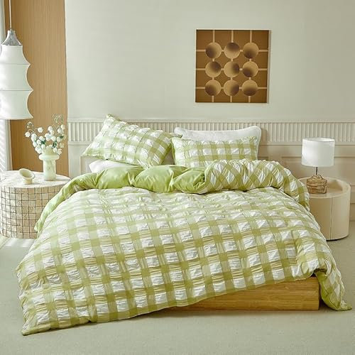 DXHOME Seersucker Bettwäsche 135x200cm Grün Weiß Wende Bettwäsche-Set Kariert Weich Mikrofaser Atmungsaktiv Jugendliche Teenager Mädchen Bettbezug mit Reißverschluss und 1 Kissenbezug 80x80cm