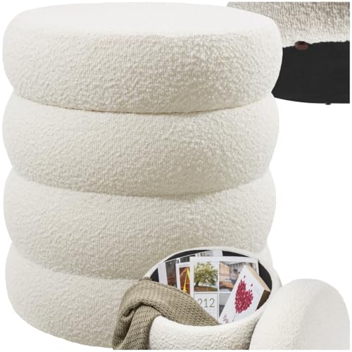 tectake® Hocker mit Stauraum, Scandi Sitzhocker Bouclé Teddy Stoff, Pouf, Polsterhocker rund für Schminktisch, Wohnzimmer Möbel, als Flur Möbel, Stauhocker Wohnen, Ø 42 x 47 cm - Bouclé Creme-weiß
