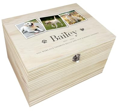 Personalised Wooden Pet Memorial Three Photo Keepsake Box | Customisable Name, Dates and Verse | Gift for Dog or Cat Remembrance | Pine Wood with Metal Hinges and Clasp | W16 x D11 x H9.5cm