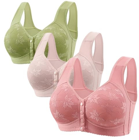 Flodxo Women's Front Fastening Bra 3Pcs - Non Wired Support Sports Bra, Wireless Full Coverage Push Up, Comfy Wide Straps, Breathable Everyday Bralette Underwear - Green L
