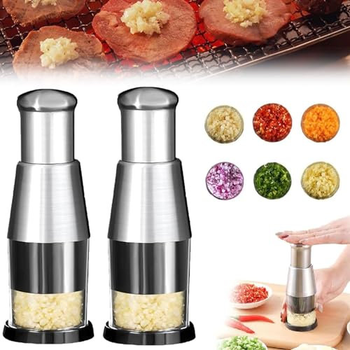 Tritatutto manuale in acciaio inox pressato per aglio nocciole, zenzero e peperoncino, strumento da cucina multifunzionale (2 pezzi)