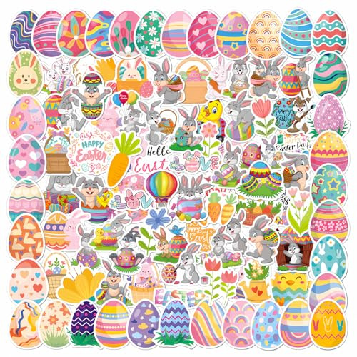 100PCS Aufkleber Ostern,Ostereier Aufkleber,Osteraufkleber PVC Wasserfeste Vinyl-Aufkleber,Oster Hasen Küken Blumen Sticker für Kinder Ostern Partygeschenke Dekoration