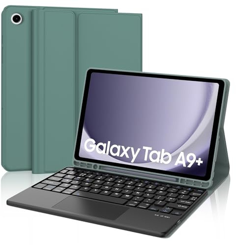 SENGBIRCH Étui avec clavier pour Samsung Galaxy Tab A9 Plus 11 2023 – Pavé tactile amovible, clavier Bluetooth sans fil, housse de protection pour Galaxy Tab A9+ 11 avec clavier tactile, vert foncé