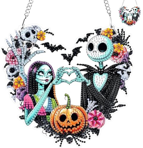 NAIMOER Halloween Herz Diamond Painting Anhänger, Diamant Malerei Kürbis Kinder Erwachsene, Hängende Ornament Bastelset Set für Geschenk Mädchen 7-12Jahre Fensterbilder Wand Dekoration