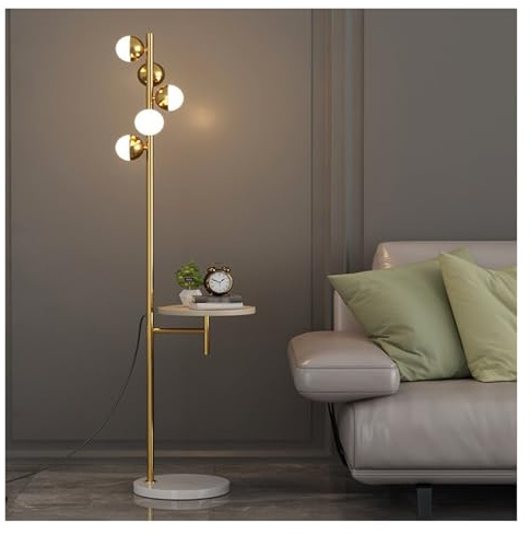 MENGLI-2024 Lampadaire Lampadaire avec étagère, Base en marbre, Lampe Moderne Haute avec Table d'appoint en Bois et Port de Charge intégré for Salon, canapé, Chambre à Coucher Lampe sur Pied(Gold)