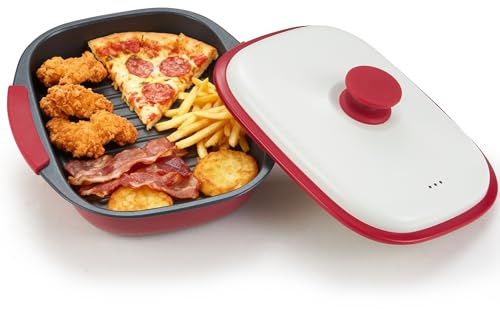 Mico Dingker Microwave Grill Pan with Lid – Multi-Use Griddle & Crisper Tray for Browning, Grilling, and Crisping Meat, Sandwiches & Vegetables – Microwave Safe Cookware for Fast, Even Cooking
