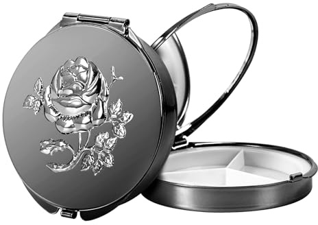 Luxus Metall Pillendose mit Spiegel, 3D Rose Design, 66x61.5x13mm, Tragbare Medikamentenbox mit 3 Fächern, Reise-Organizer für Vitamine und Schmuck (S-Schwarz, Klein)