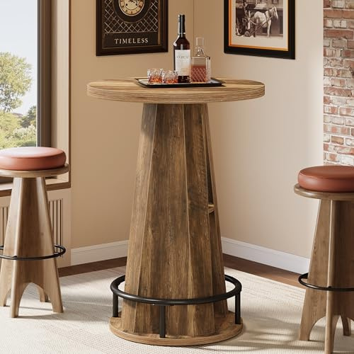 Tribesigns Round Bar Table, 39.4 H High Top Bistro Table with Storage, Industrial Cocktail Pub Tables with Metal Footrest for Living Room, Barroom, Small Space, Rustic Brown(Only Table)