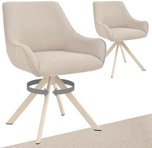 Goeurvant Esszimmerstühle Drehbar 2er Set mit Armlehne – 360°Drehbar Polsterstuhl Leinen Modern Drehstuhl Küchenstuhl mit Beige Metallgestell und Lehne für Esszimmer, Wohnzimmer, Büro, Beige