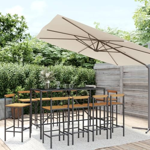 QJBSAVVA 11-TLG. Gartenbar-Set Schwarz Poly-Rattan 180x70x110 cm mit 10 Barhockern Holz-Akzente wetterfest modernes Design für Balkon Terrasse Garten und Outdoor Lounge