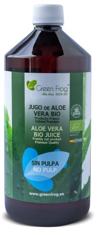 Green Frog - Jugo de Aloe Vera (99,8%) sin Pulpa - 1 Litro - 100% Ecológico - Rico en Vitaminas A, C, E y Grupo B - Aminoácidos Esenciales - Botella de PET - Libre de Aloínas