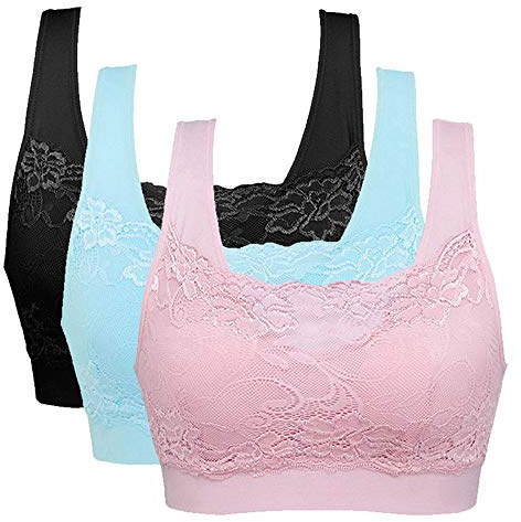 Vertvie Kvinnors stretch utan bygel, push-up yoga sport-BH toppset för fitnessträning, stoppning, 3-pack, Blå+rosa + svart, M