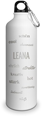 Trinkflasche mit Namen Leana - graviert mit Positive Eigenschaften, Aluminiumflasche mit Gravur, Sportflasche - matt weiß