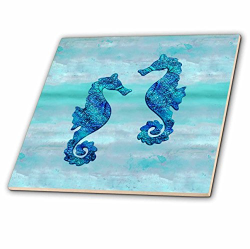 3dRose ct_262994_2 Seahorses Couple Ink Decorative Tiles, Blue