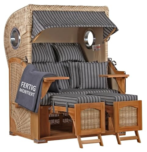 MR. DEKO® Strandkorb Düne Teak 2-Sitzer Bullauge | PE Geflecht Shell | Volllieger Strandstuhl verstellbar | inkl. 4 Kissen Wechselpolster | Strandkörbe fertig montiert aus Teakholz | (Dessin 500)