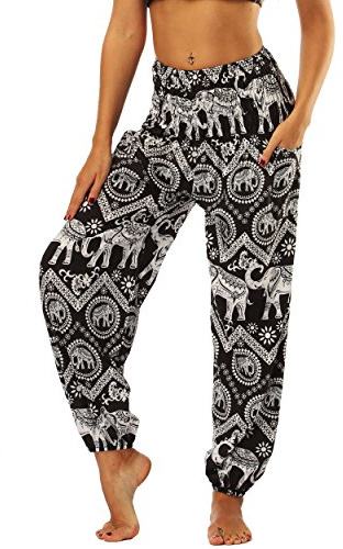 Nuofengkudu harembyxor, hippiebyxor för kvinnor, säckiga, bohemiska, mönstrade, hög midja, smockad midja, tunna med fickor, loungebyxor för yoga, sommar, strand, Svart elefant, en storlek