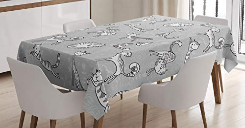 ABAKUHAUS Grigio Tovaglia, Cat Gattino del Fumetto, Rettangolare per Sala da Pranzo e Cucina, 140 cm x 240 cm, Bianca
