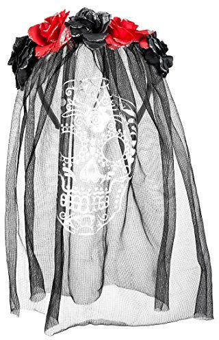Amakando Geheimnisvoller La Catrina Haarreifen mit Blumenschmuck und Schleier/Halloween Haarschmuck Calavera mit Rosen/Bestens geeignet zu Kostümfest & Gruselparty