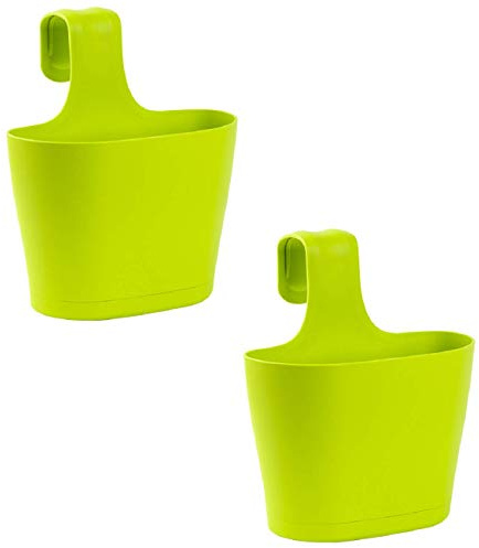 Engelland 2 x Blumentopf zum Auf-Hängen, Geländertopf, Grün, Hängetopf, Balkon-Kasten, oval, Übertopf, Pflanzkasten, mit Wasserspeicher/Wasserauffangschale, 2,8 Liter