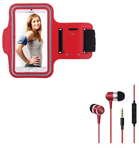 Pack Sport pour IPHONE 12 Mini (Brassard de Sport + Ecouteurs Sport Intra-AURICULAIRE avec Micro) Courir T4 (Rouge)