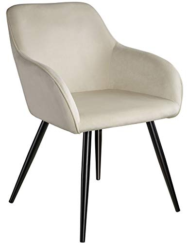 tectake® moderner Esszimmer Stuhl mit Armlehnen, Sitzfläche aus Samt, Armlehnstuhl, Sessel Wohnzimmer, gepolsterter Bürostuhl mit schwarzen Metallbeinen, Schminktisch Stuhl - Creme/schwarz
