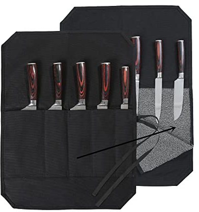 Denifiter Portacoltelli in tela cerata resistente con fodera resistente al taglio, rotolo per coltelli con 5 tasche (nero-uno)