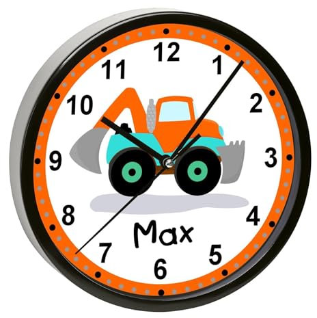 CreaDesign, Wanduhr Kinder personalisiert mit Name, Motiv Bagger, Rahmen Wanduhr schwarz, Ø 19,5 cm