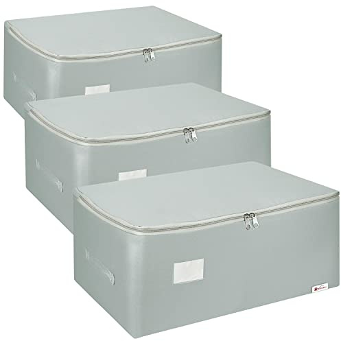 Vinsani 3pk Storage Bags Organiser 105L Huge Capacity Double Zipper Card Markings Strong Handles Moisture-Proof Underbed Storage Moving Bag For Clothes Toys Beddings Comforter Light Grey