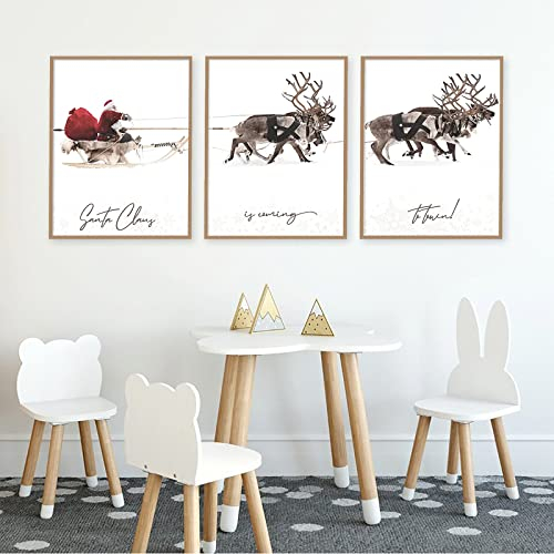 Trayosin Juego de 3 pósteres modernos de Navidad de alta calidad, impresiones artísticas modernas de Papá Noel, reno con trineo, cuadros artísticos para salón o dormitorio, póster decorativo sin marco