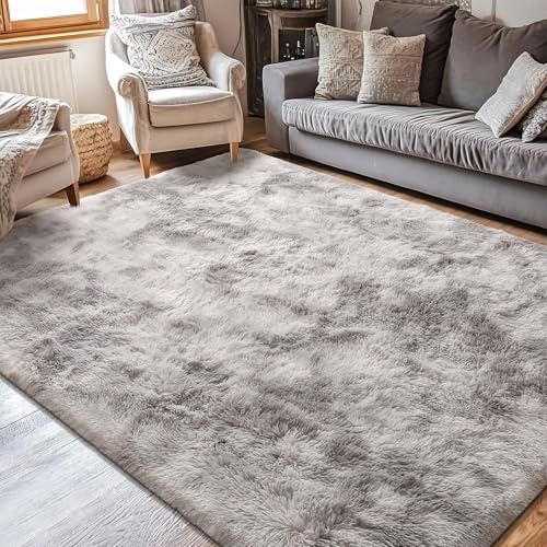 Cinknots Teppich Wohnzimmer Groß Hochflor,Teppich Schlafzimmer Waschbar rutschfest,Flauschiger Teppiche Innen Carpet Passend für Kinderzimmer Küche(Grau Weiß,120x160cm)