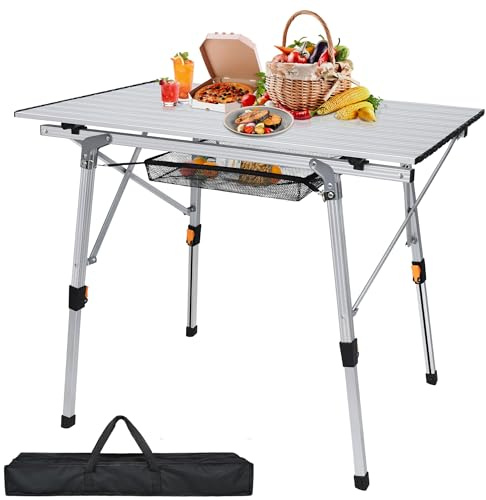 YRHome Alu Campingtisch klappbar 90 x 52 cm Camping Tisch Klapptisch Falttisch Camping Höhenverstellbar Foldable Table Reisetisch Picknicktisch für Camping Garten Balkon mit Tragetasche (Silber)