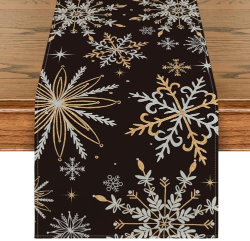 Artoid Mode Schwarz Gold Schneeflocken Weihnachten Tischläufer, Saisonnal Winter Küche Tisch Dekoration Drinnen Urlaub Party Dekor 40x180 cm