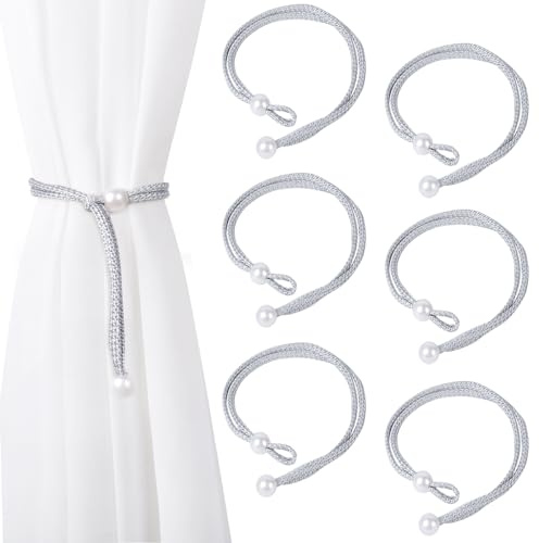 Dalababa 6 Stück Vorhang Raffhalter, Gewebte Gardinenhalter Seil 47cm, Einstellbar Perle Vorhanghalter Raffhalter für Vorhänge, für Wohnzimmer, Schlafzimmer, Café, Büro Deko (Grau)