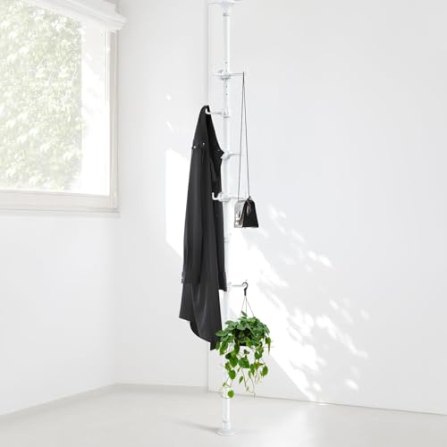 Sempicad Coat Rack Freestanding, 56 to 125 inch Adjustable Tension Rod Coat Tree with 12 Hooks for Hanging Plant,Coat, Jacket, Hat, Scarf, Suitable for Living Room, Balcony, Kitchen White