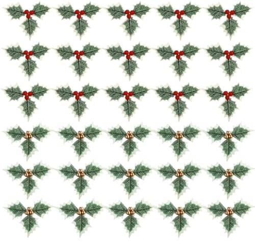 Ikosora 30Pcs Gold and Red Berry Green Holly Leaves, Artificial Holly Leaves and Berries for Home Decor Gifts, Wedding Party Decorations, Christmas Tree Decorations (15 Each in Gold and Red)