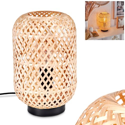 Tischleuchte Bauro, moderne Boho Tischlampe aus Metall/Bambus in Schwarz/Natur, Nachttischlampe mit Schirm in Gitter-Optik, An-/Ausschalter am Kabel und Lichteffekt, 1 x E27, ohne Leuchtmittel