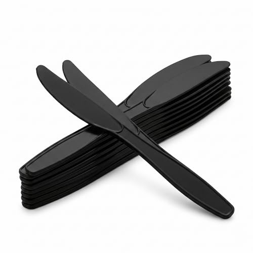Venuscello® 100 x Tithe Black Plastic Knives Heavy Duty Reusable Strong Grip Lightweight Cutlery for Party BBQ Salad Fruits Snacks Picnic Catering Weddings & Events