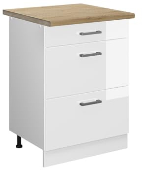 Vicco Küchenunterschrank R-Line, Weiß Hochglanz, 60 cm | 3 Schubladen · AP Eiche inkl. · Höhenverstellbare Füße · ✓ Leichter Zugriff · ✓ Frei kombinierbar