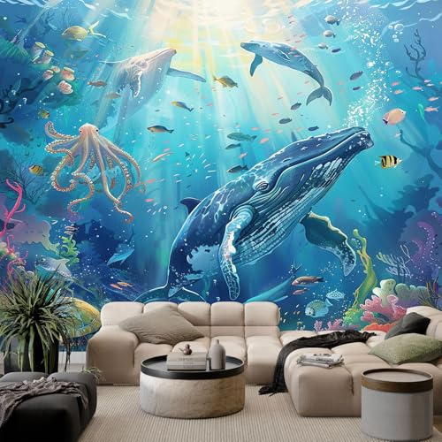Tapete Fototapete 3d Effekt Abstrakte Kunst Unterwasser-Tiere 200x140cm Wandbild Wanddeko für Wohnzimmer Schlafzimmer, Blau Vlies Tapeten mit Geruchsfreiheit Wandposter Wandkunst