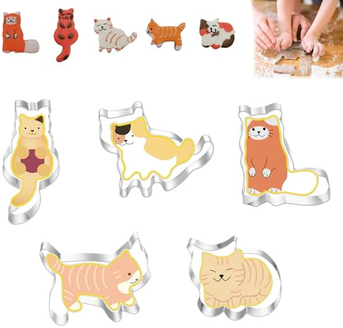 Elfinfi Emporte-Pièces Chat, 5 Pièces Emporte Piece Patisserie, Acier Inoxydable Emporte Piece Biscuit, DIY Emporte Piece Aanimaux, Emporte Pièce pour Enfants Anniversaire Chat Thème Fête