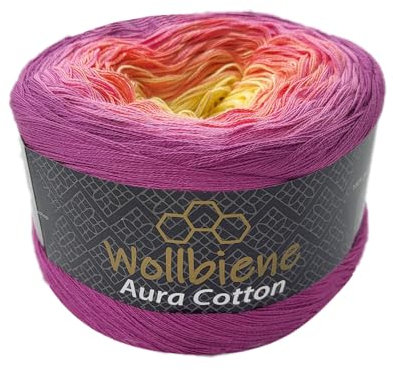 Wollbiene Farbverlaufsgarn 200g - 800m - 4 Fädig Bobbel Strickwolle Häkeln Bobbel Wolle Farbverlauf, 100% Baumwolle, Strickwolle Mehrfarbig (810 brombeere orange gelb)