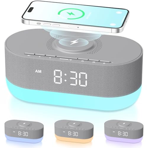 DOUMOSH Radiosveglia digitale con stazione di ricarica senza fili, sveglia Bluetooth – Organizza il tuo comodino, display e luce, svegliati rinfrescati