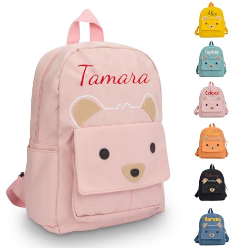 Generisch Personalisierte Kinderrucksack, Gestickt Kinder Rucksack, Kindergartenrucksack Mädchen und Junge Kleiner Bär Kita Rucksack für Schule und Reise Baby Rucksack mit Namen (Rosa)