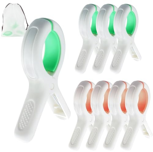 QOPAHI Beach Towel Clips for Beach Chairs Cruise, Strong Grip Clothes Pins Non-Slip Pool Chair Clips Plastic Quilt Drying Pegs for Laundry Towel Clothes Blankets Set of 8, with Bag(Orange+Green)