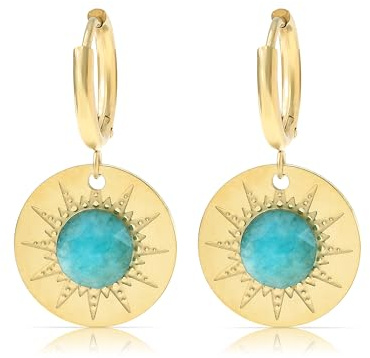 Made by Nami Set Ohrringe Hängend mit Sonnen Anhänger und türkisem Stein Edelstahl Ohrringe Gold Boho Schmuck Damen Wasserfester Schmuck