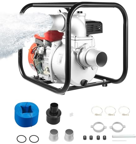 Fridgestea 7,5PS Benzin Wasserpumpe 3 Zoll (80mm) mit 7,5m Schlauch | 4-Takt Hochleistungspumpe 35m³/h | 30m Förderhöhe | für Landwirtschaft, Feuerwehr & Gartenbewässerung